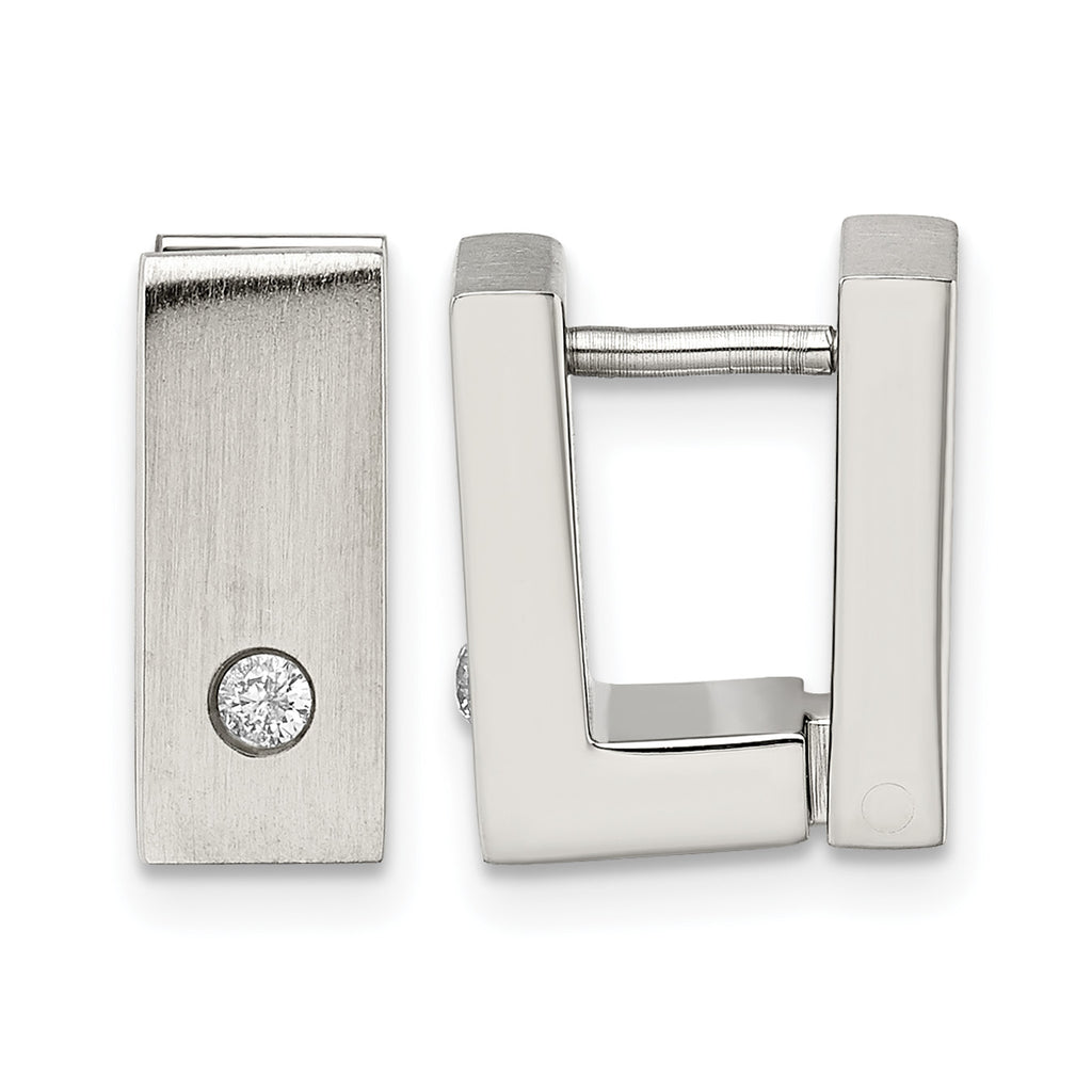 Stainless Steel Polished & Brushed Square Hinged Cubic Zirconia Huggie Hoop Earrings