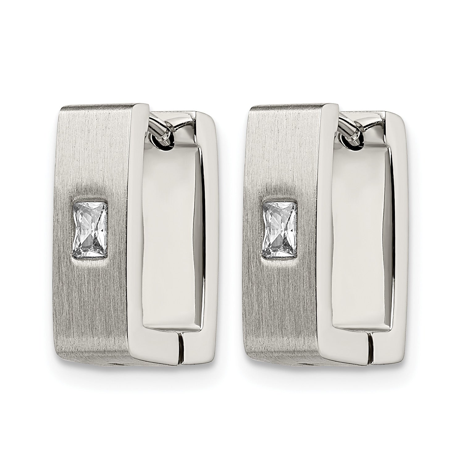 Stainless Steel Polished & Brushed Square Hinged Cubic Zirconia Huggie Hoop Earrings Secondary image