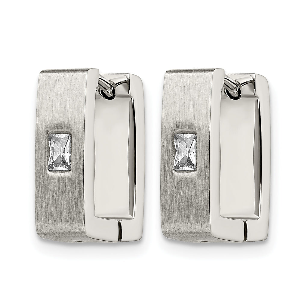 Stainless Steel Polished & Brushed Square Hinged Cubic Zirconia Huggie Hoop Earrings