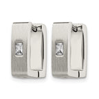 Stainless Steel Polished & Brushed Square Hinged Cubic Zirconia Huggie Hoop Earrings