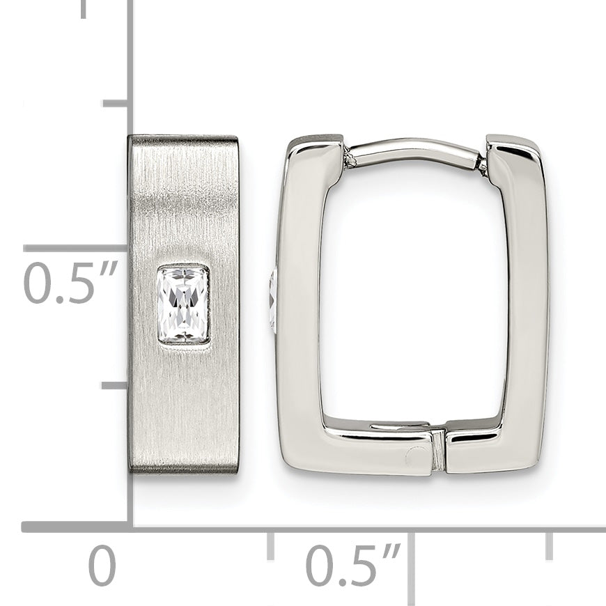Stainless Steel Polished & Brushed Square Hinged Cubic Zirconia Huggie Hoop Earrings