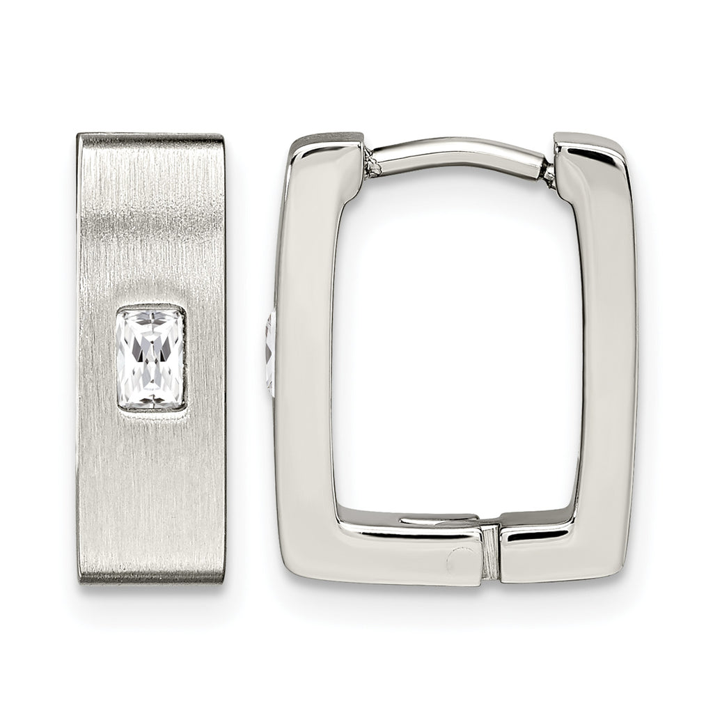 Stainless Steel Polished & Brushed Square Hinged Cubic Zirconia Huggie Hoop Earrings