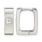 Stainless Steel Polished & Brushed Square Hinged Cubic Zirconia Huggie Hoop Earrings