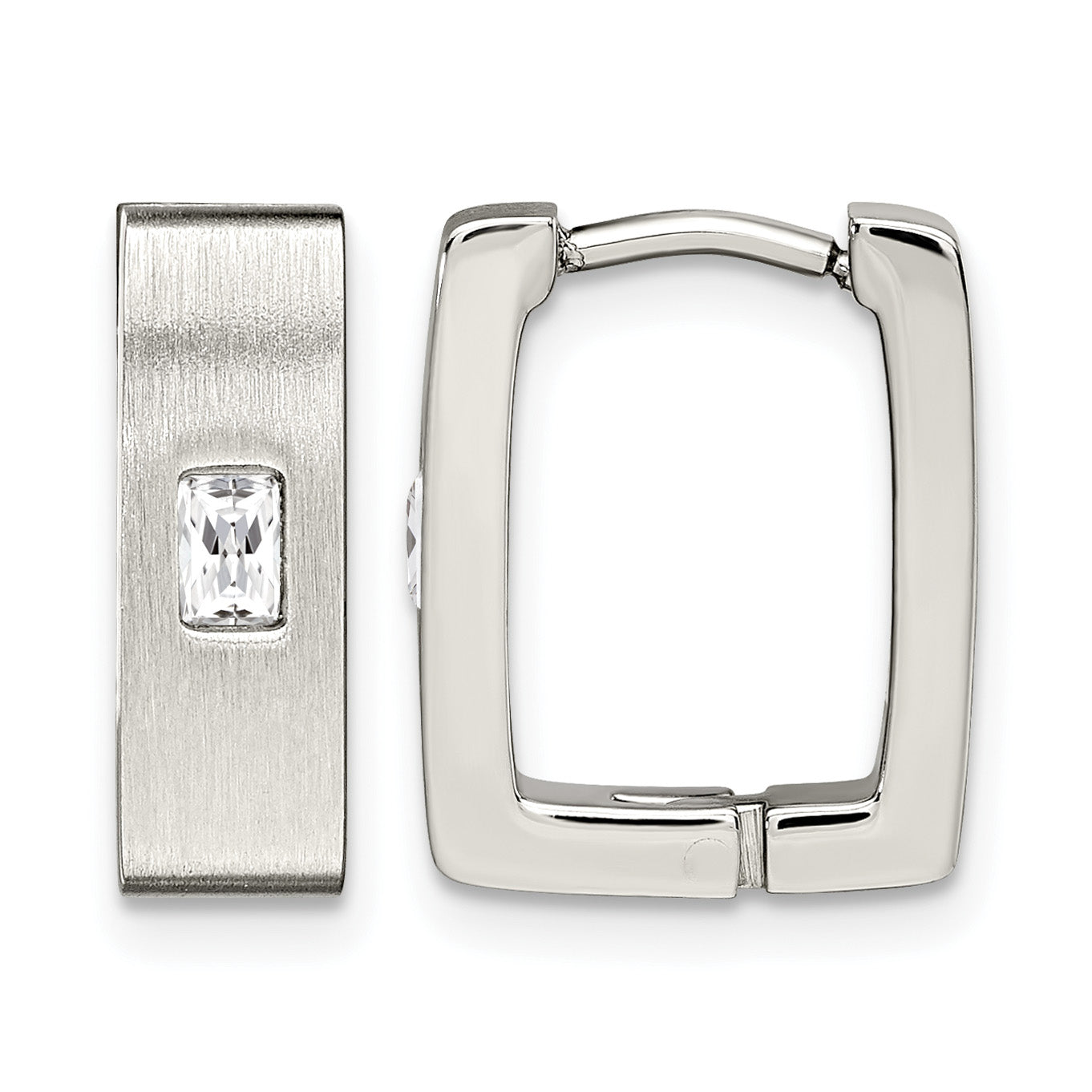 Stainless Steel Polished & Brushed Square Hinged Cubic Zirconia Huggie Hoop Earrings