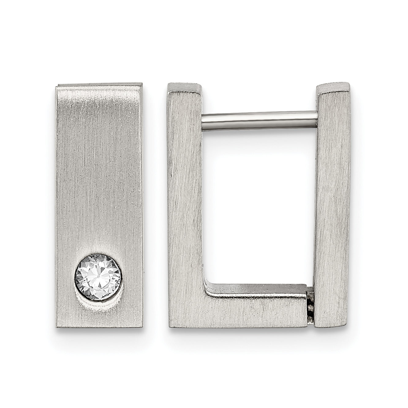 Stainless Steel Polished & Brushed Square Hinged Cubic Zirconia Huggie Hoop Earrings Main image