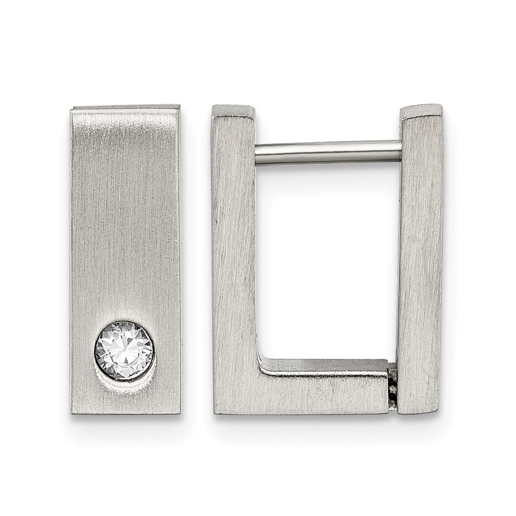 Stainless Steel Polished & Brushed Square Hinged Cubic Zirconia Huggie Hoop Earrings