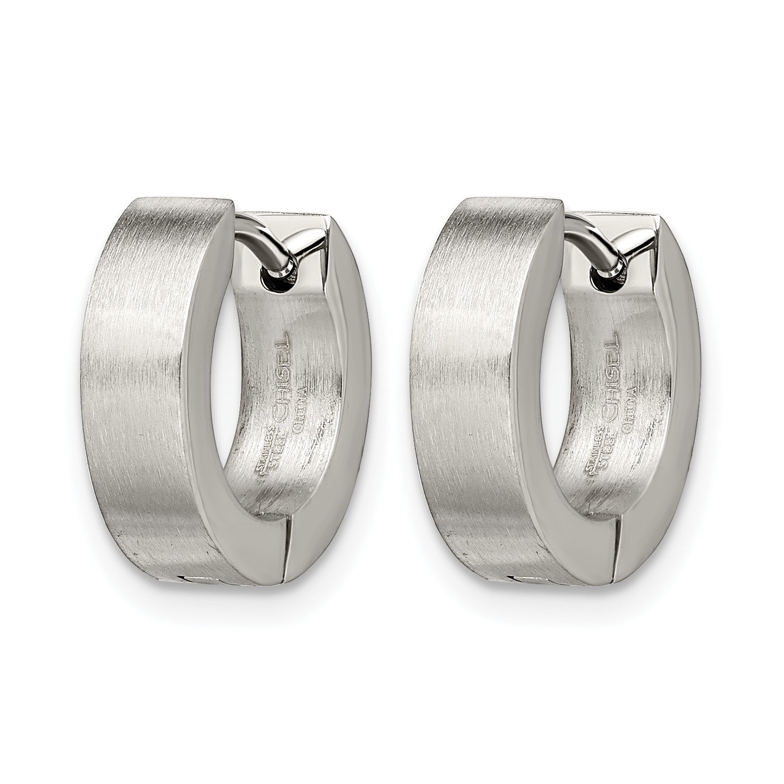 Stainless Steel Polished & Brushed Round Hinged Huggie Hoop Earrings