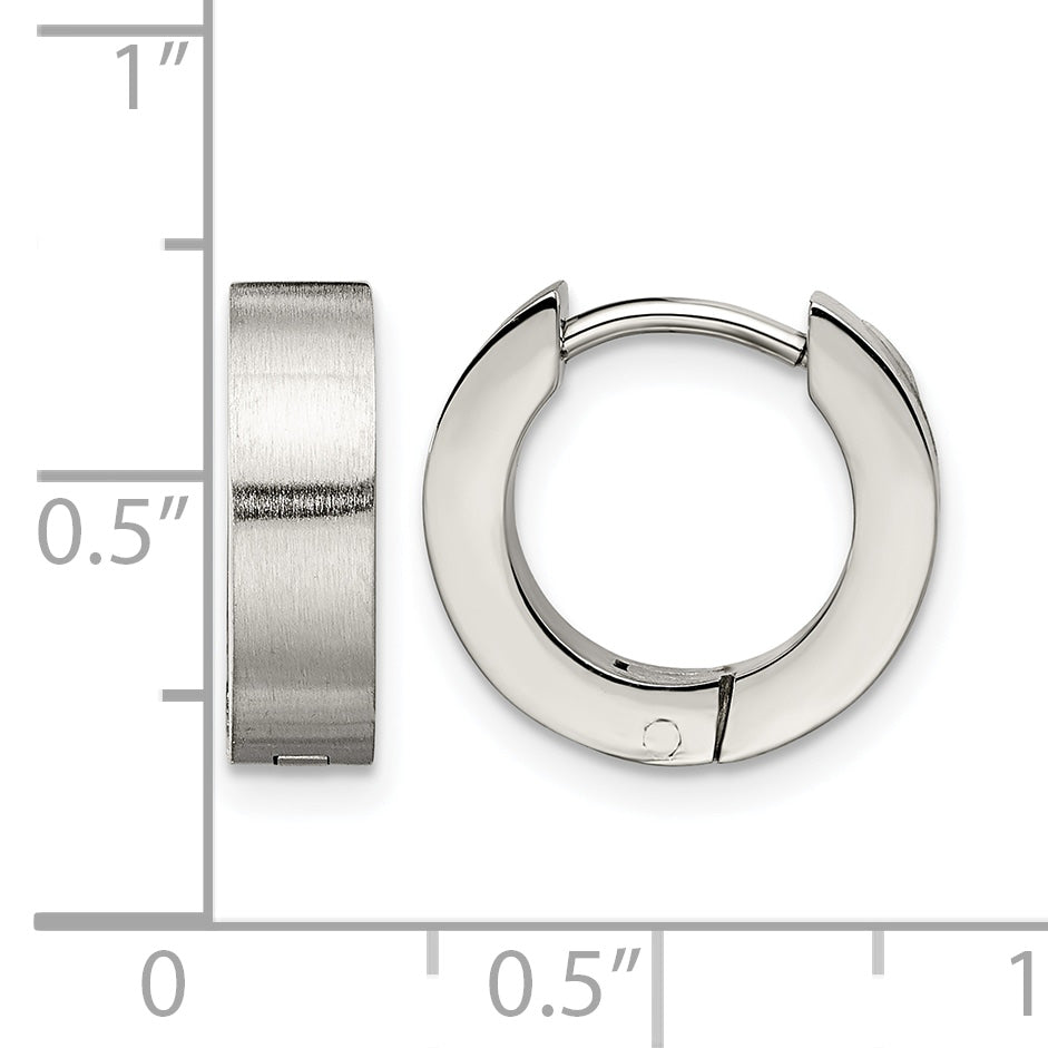 Stainless Steel Polished & Brushed Round Hinged Huggie Hoop Earrings