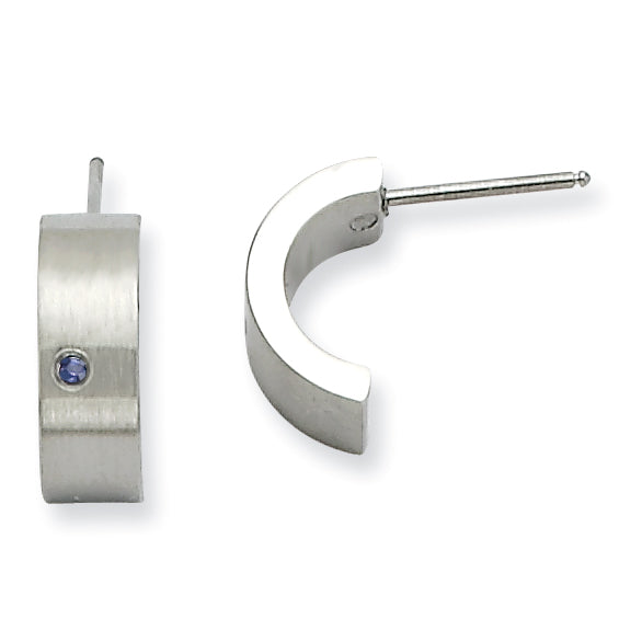 Stainless Steel Polished & Brushed Blue Cubic Zirconia J-Hoop Earrings for Women