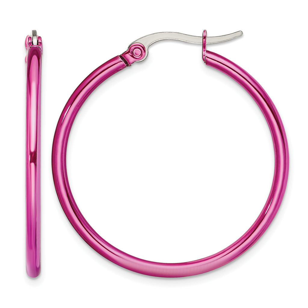 Stainless Steel Pink Polished Hoop Earrings for Women