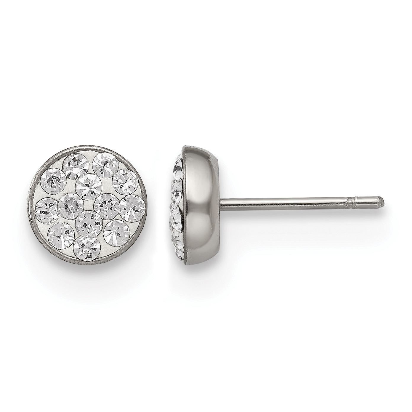Stainless Steel Polished Crystal Cluster Button Earrings