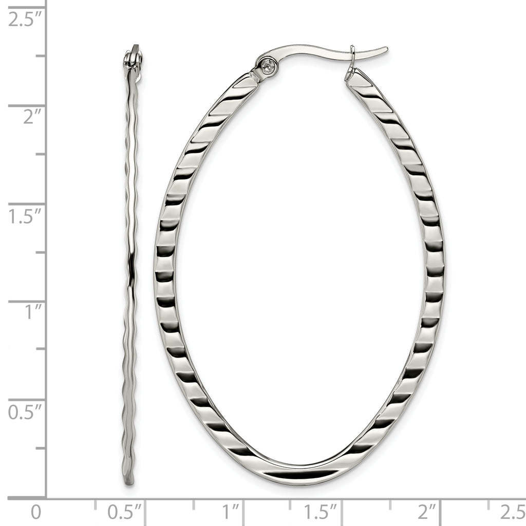 Stainless Steel Polished Oval Textured Hoop Earrings for Women