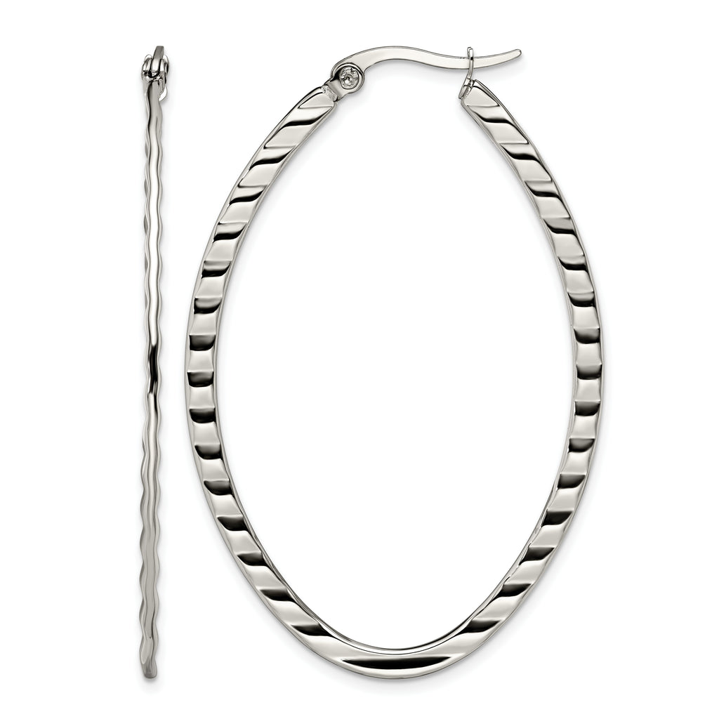 Stainless Steel Polished Oval Textured Hoop Earrings for Women