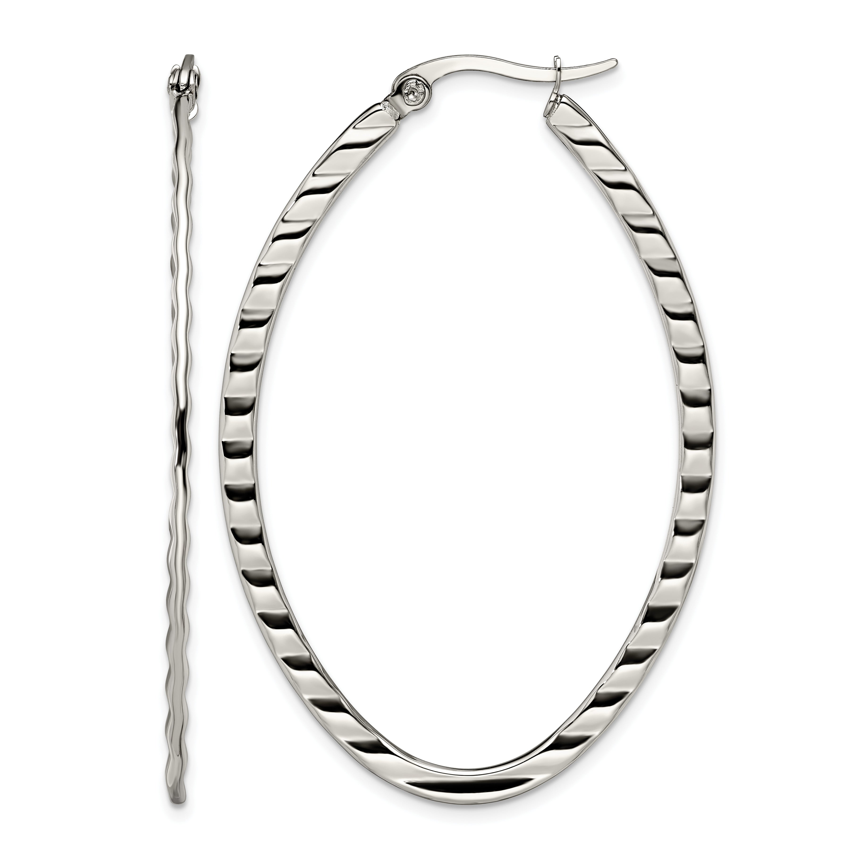 Stainless Steel Polished Oval Textured Hoop Earrings for Women