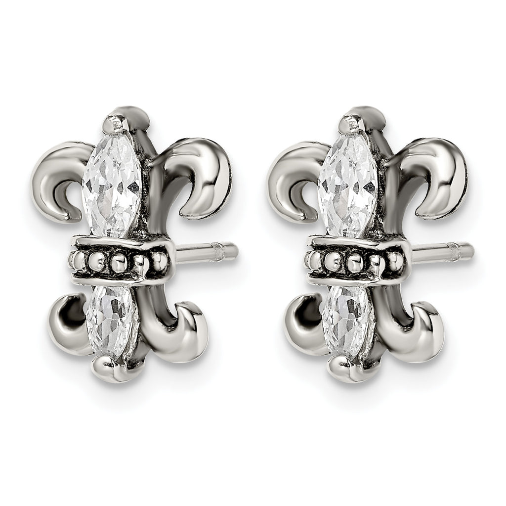 Stainless Steel Antiqued Textured Cubic Zirconia Button Earrings for Women