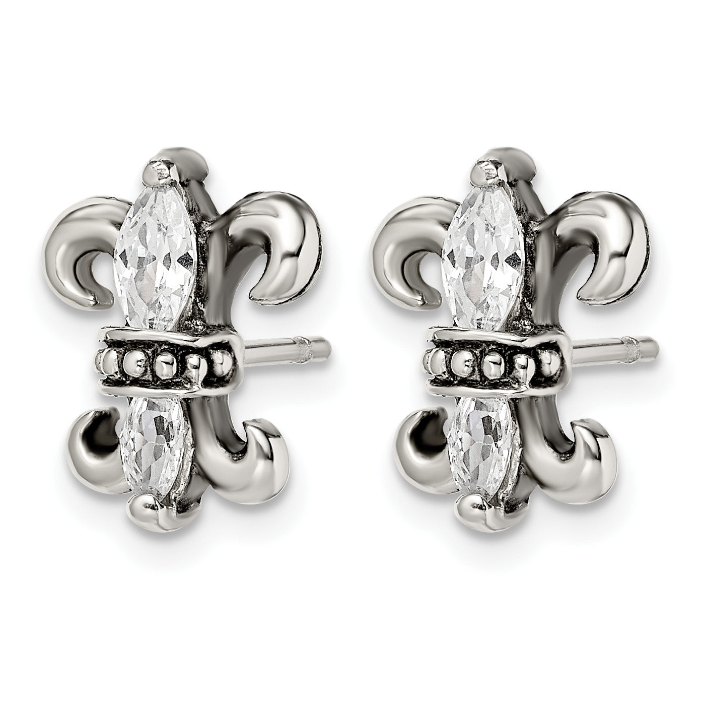 Stainless Steel Antiqued Textured Cubic Zirconia Button Earrings for Women