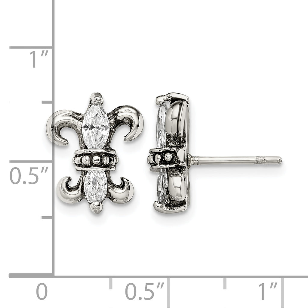 Stainless Steel Antiqued Textured Cubic Zirconia Button Earrings for Women