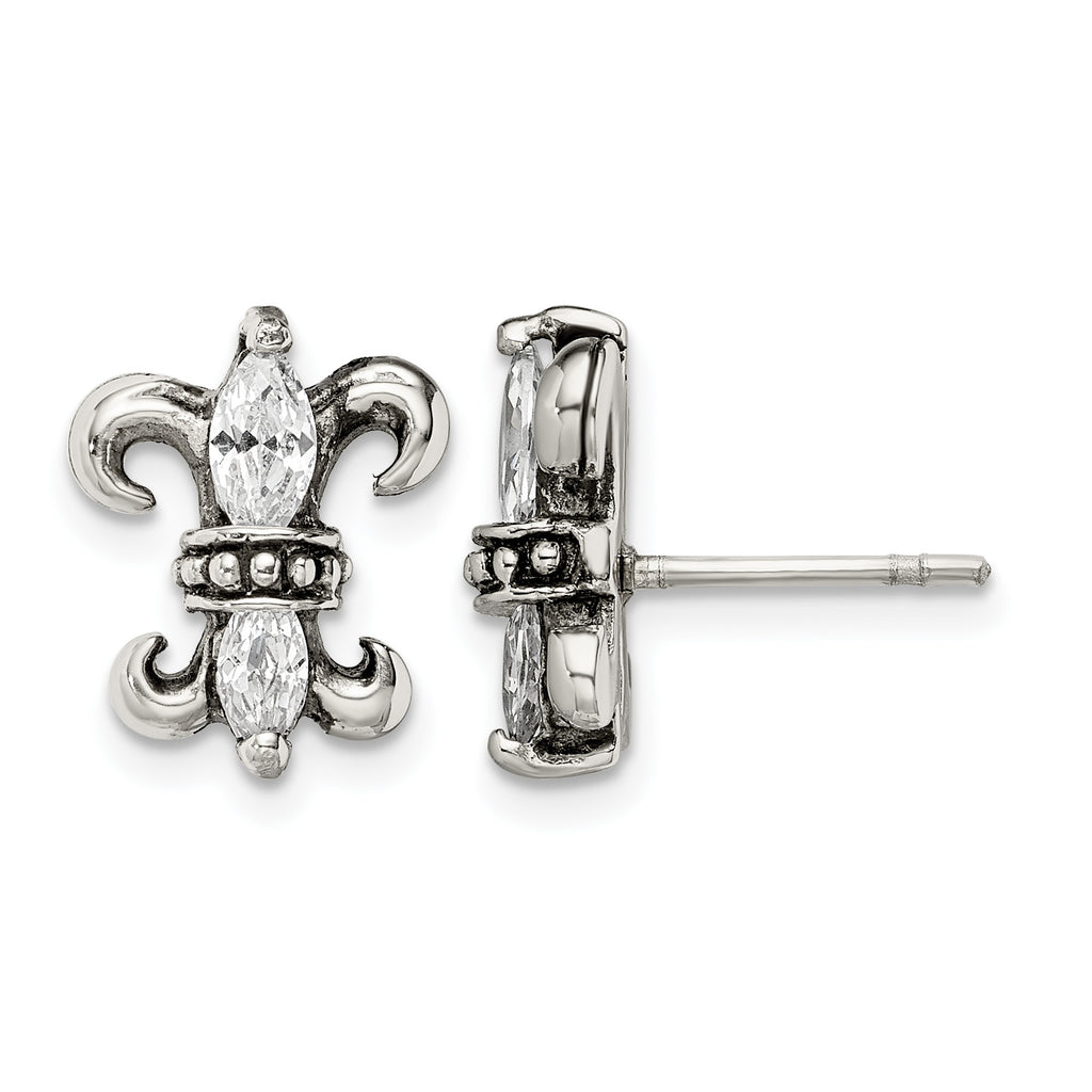 Stainless Steel Antiqued Textured Cubic Zirconia Button Earrings for Women
