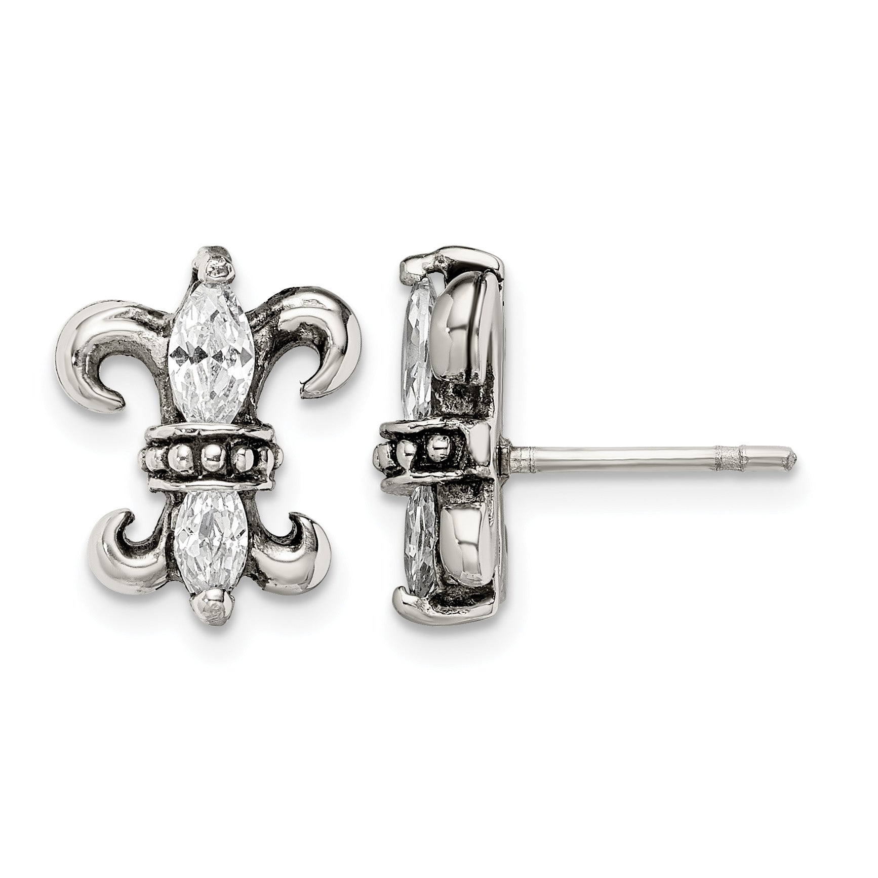 Stainless Steel Antiqued Textured Cubic Zirconia Button Earrings for Women
