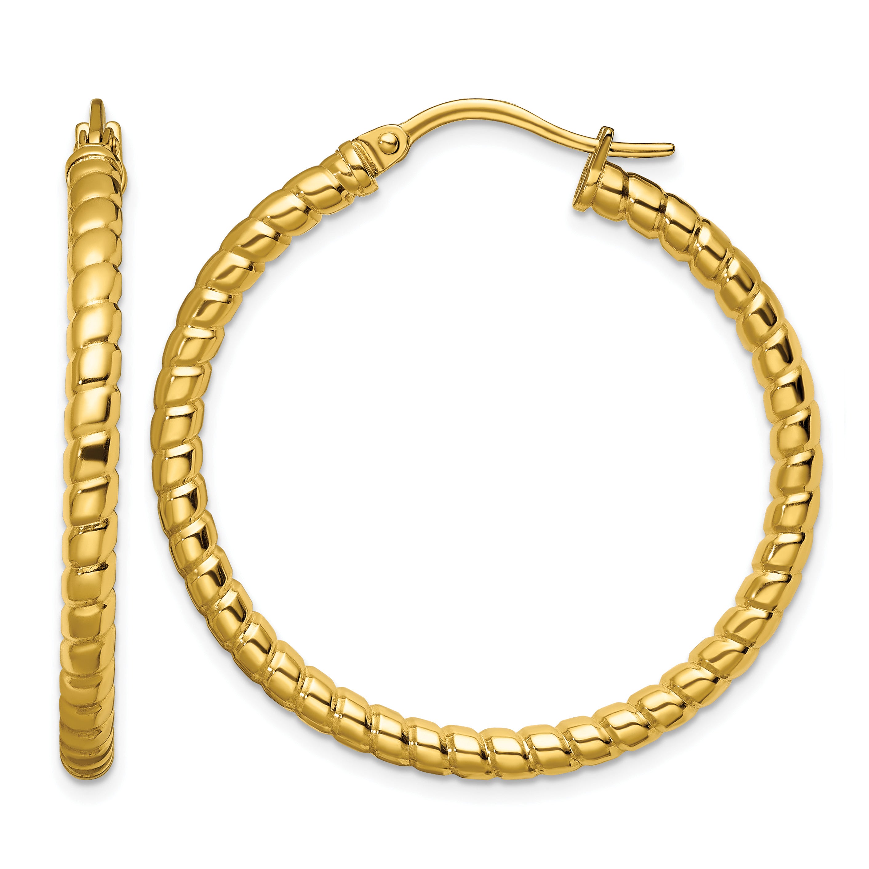 Stainless Steel Gold-Tone Polished Textured Hoop Earrings for Women Main image
