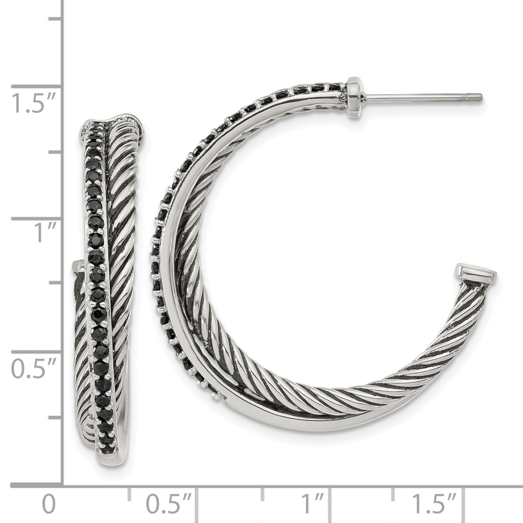 Stainless Steel Polished & Antiqued Twisted Black Cubic Zirconia C-Hoop Earrings for Women