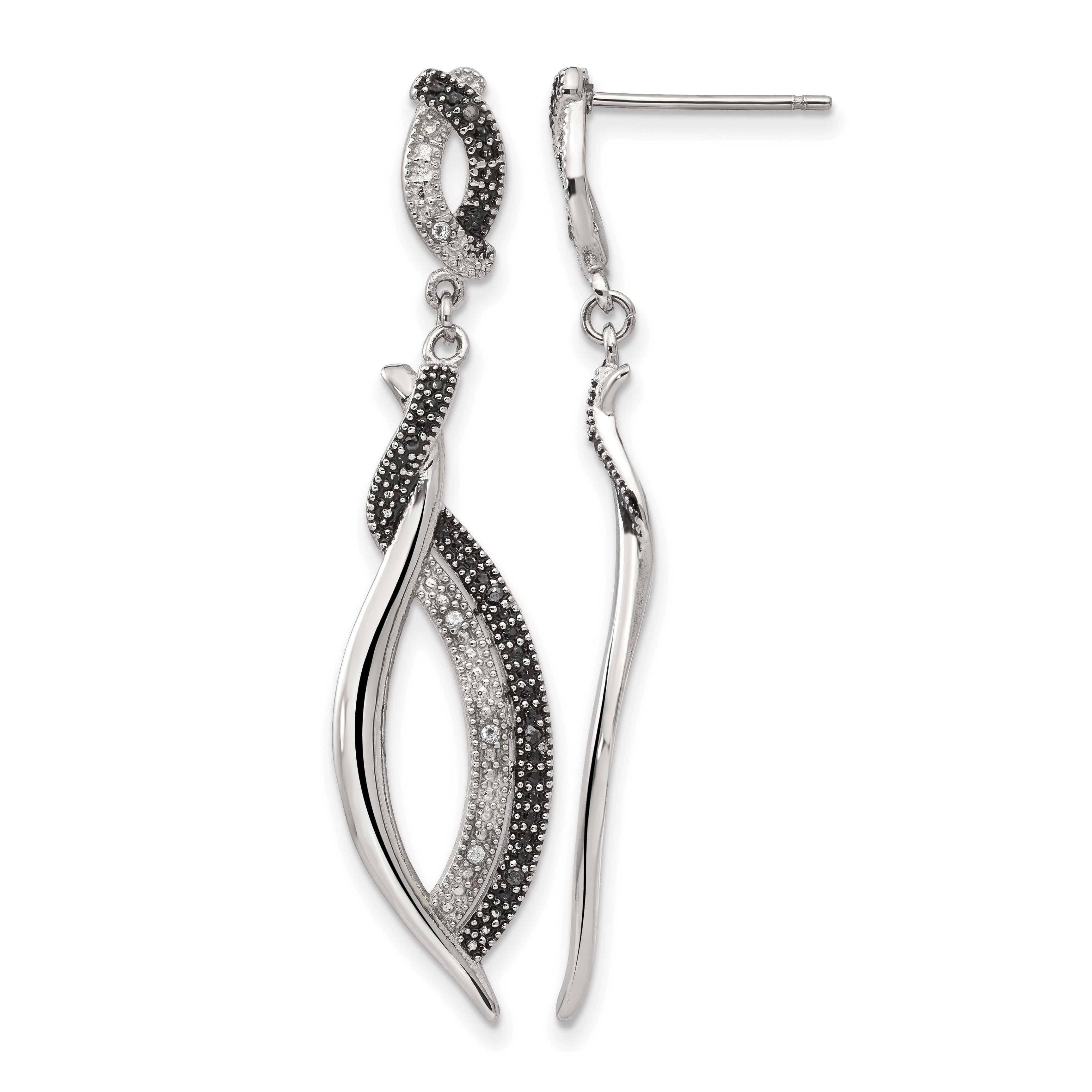 Stainless Steel Polished & Antiqued Black Cubic Zirconia Drop Dangle Earrings for Women