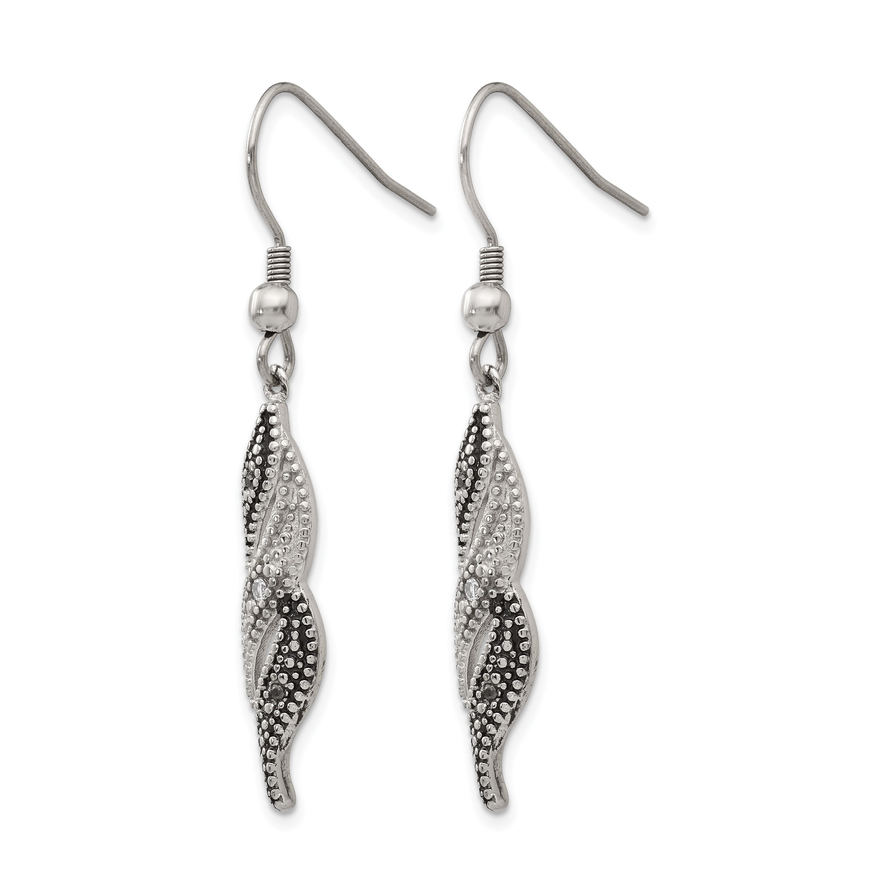Stainless Steel Polished & Antiqued Black Cubic Zirconia Drop Dangle Earrings for Women