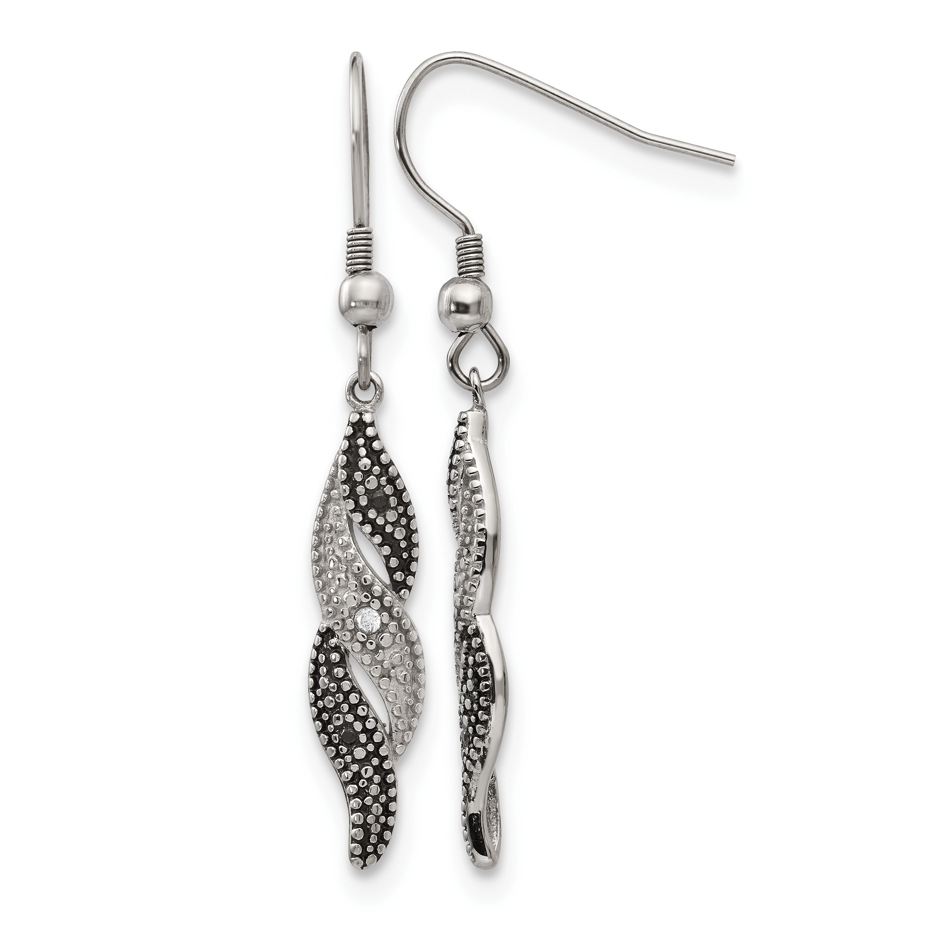 Stainless Steel Polished & Antiqued Black Cubic Zirconia Drop Dangle Earrings for Women