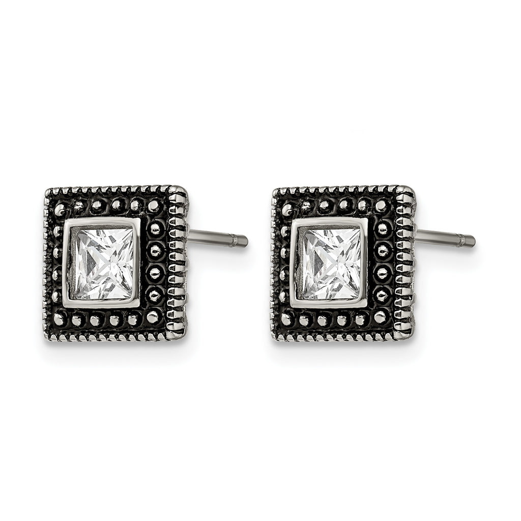 Stainless Steel Polished & Antiqued Square Cubic Zirconia Stud Earrings