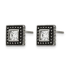 Stainless Steel Polished & Antiqued Square Cubic Zirconia Stud Earrings
