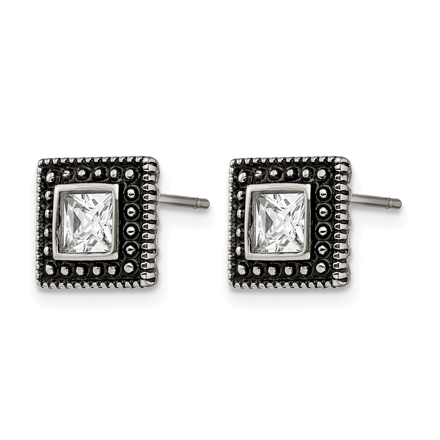 Stainless Steel Polished & Antiqued Square Cubic Zirconia Stud Earrings
