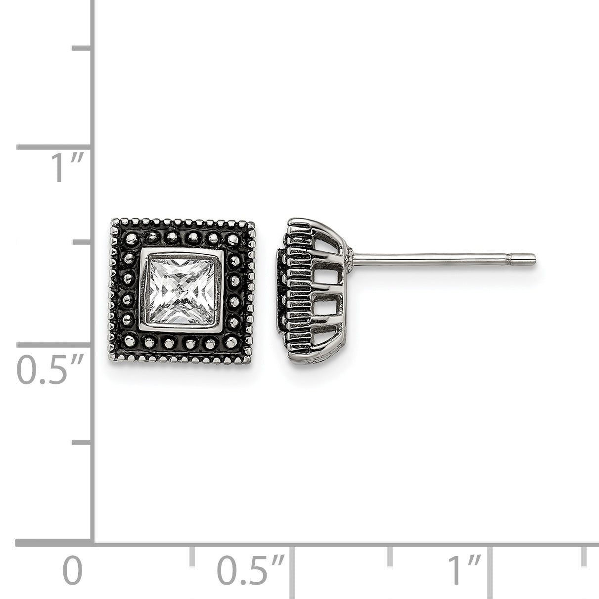 Stainless Steel Polished & Antiqued Square Cubic Zirconia Stud Earrings