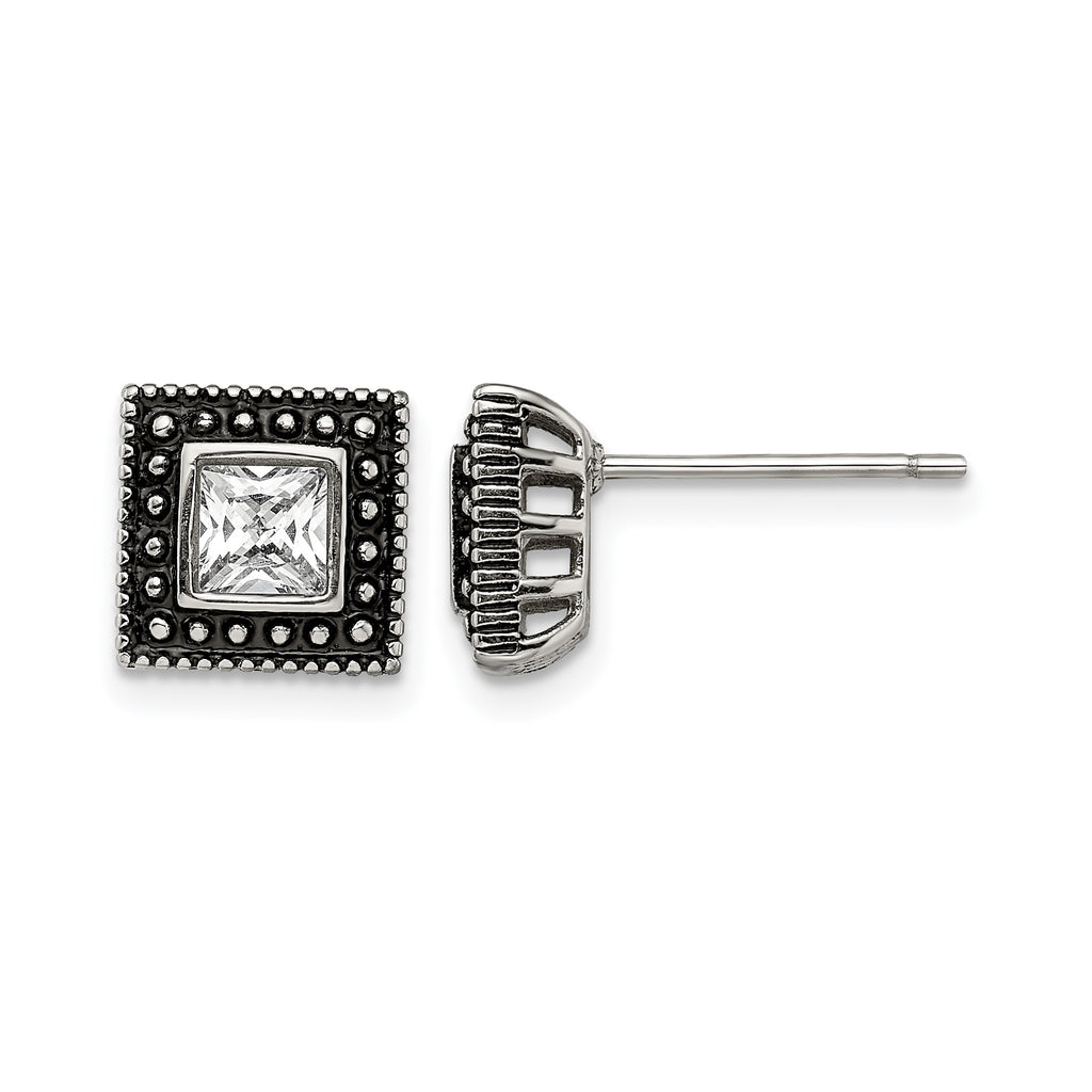 Stainless Steel Polished & Antiqued Square Cubic Zirconia Stud Earrings