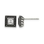 Stainless Steel Polished & Antiqued Square Cubic Zirconia Stud Earrings