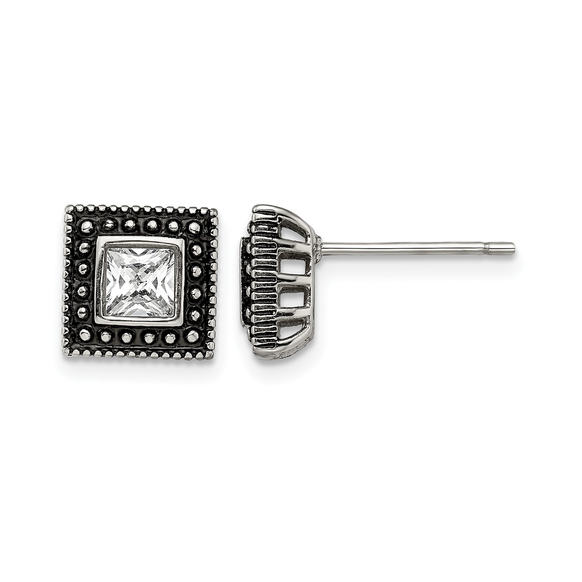 Stainless Steel Polished & Antiqued Square Cubic Zirconia Stud Earrings