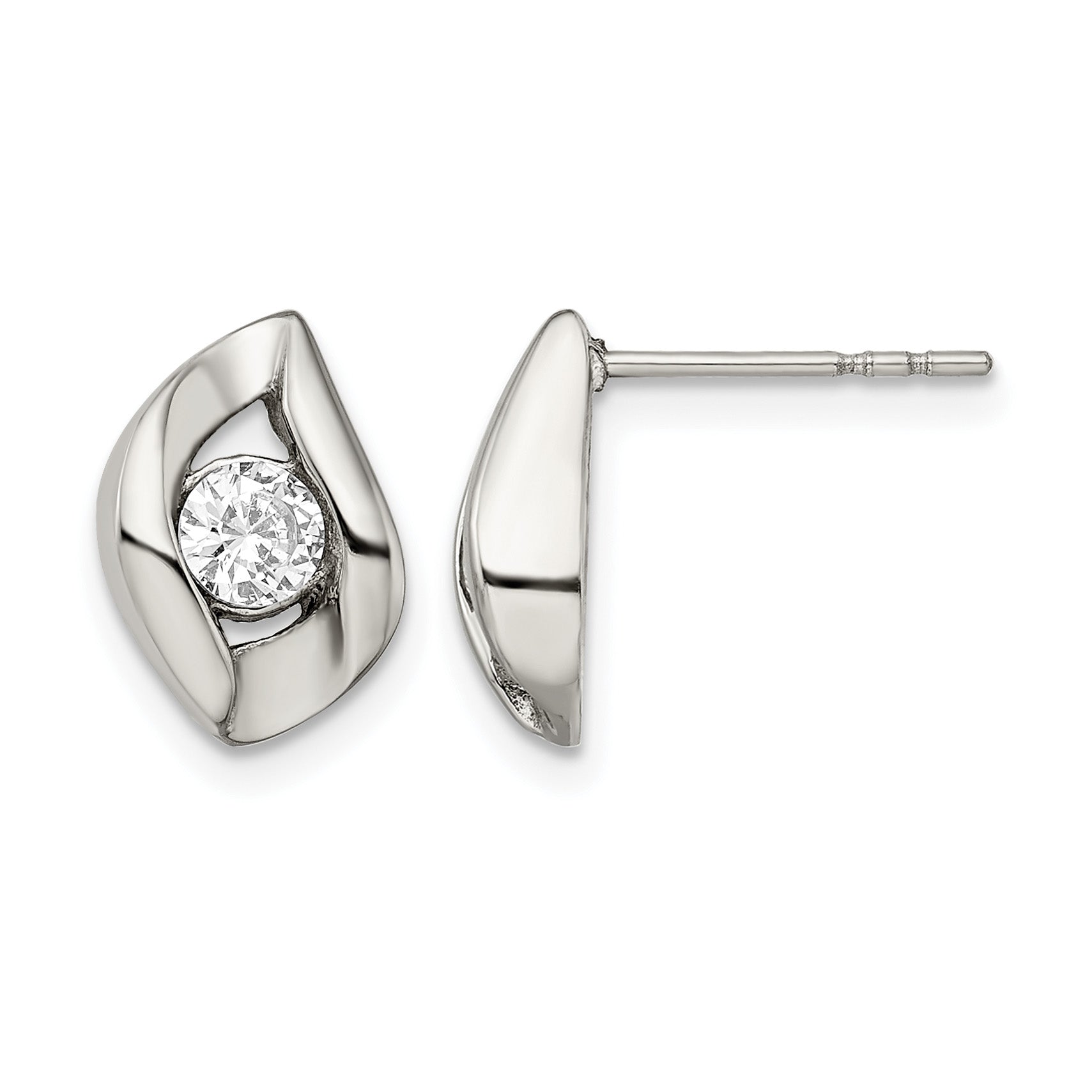 Stainless Steel Polished Cubic Zirconia Button Earrings for Women