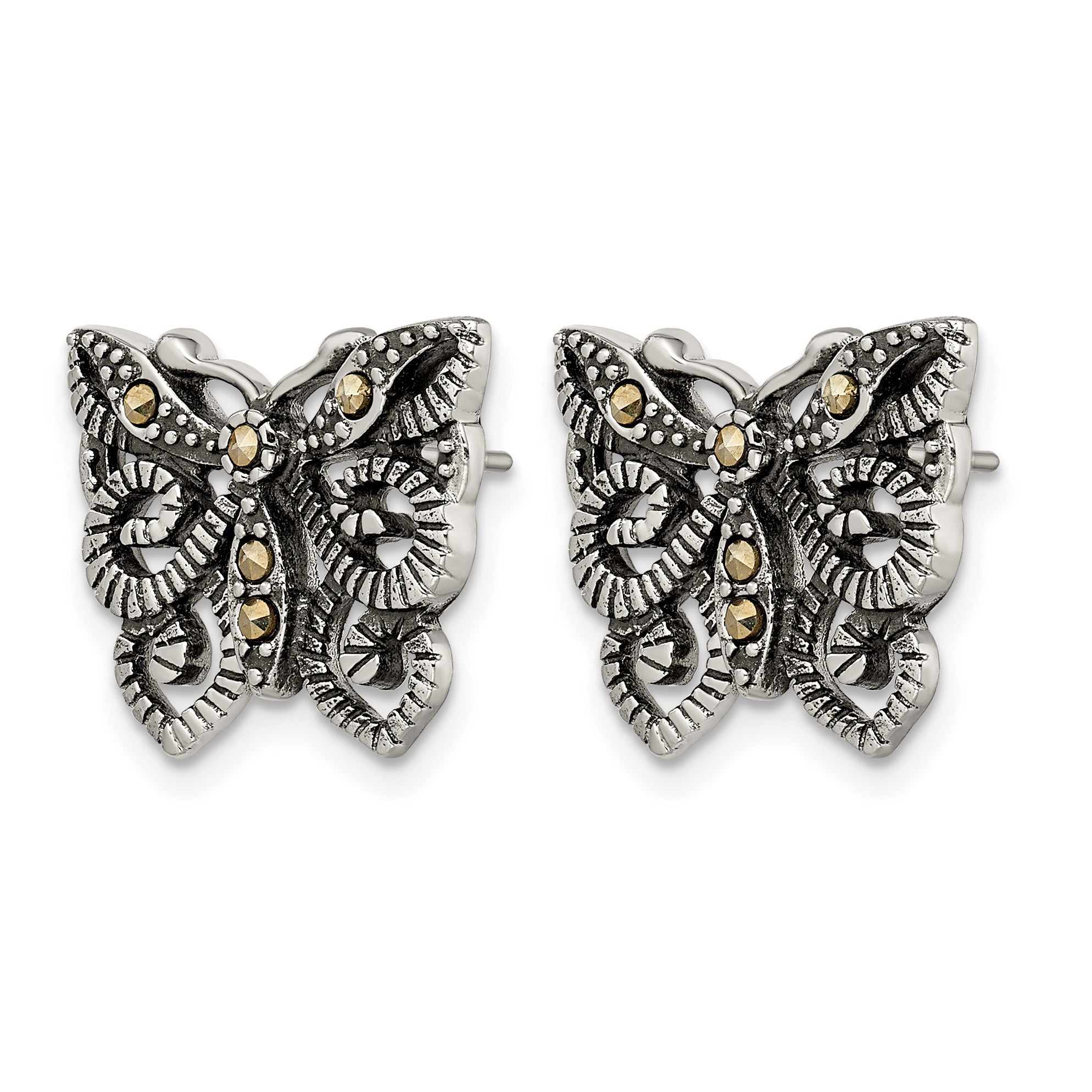 Stainless Steel Polished & Antiqued Button Earrings for Women