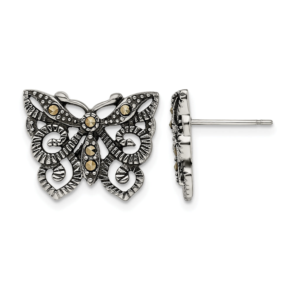 Stainless Steel Polished & Antiqued Button Earrings for Women