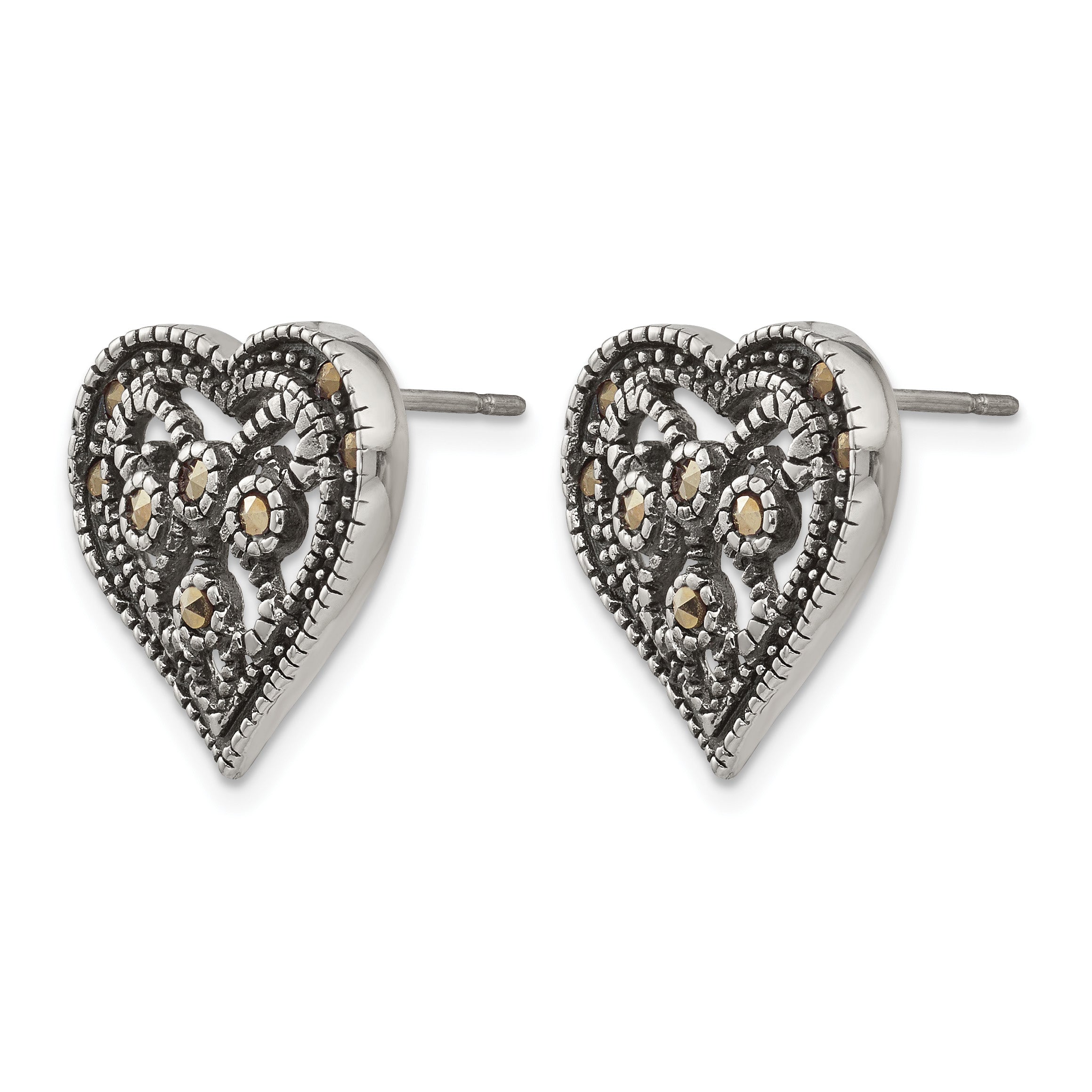 Stainless Steel Polished & Antiqued Heart Textured Button Earrings for Women Secondary image