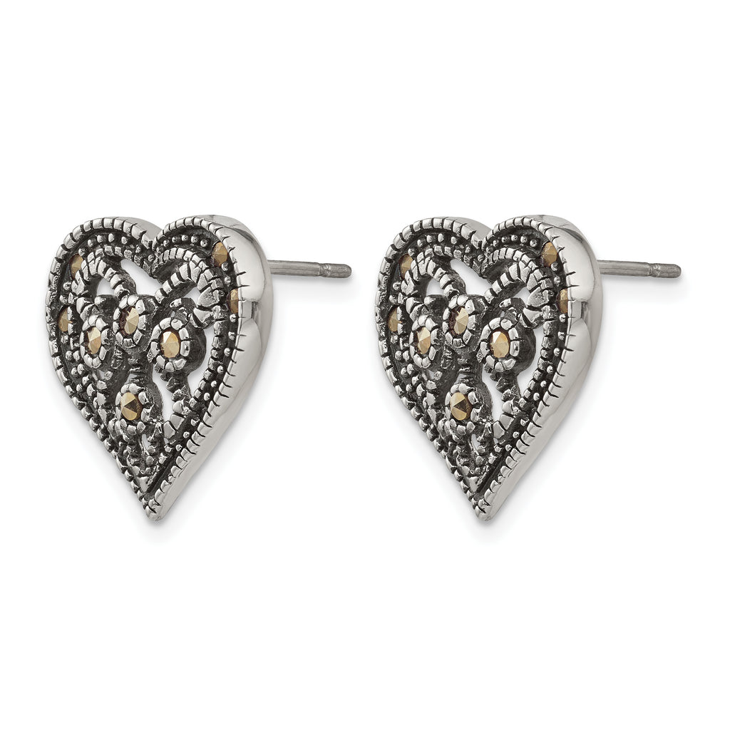 Stainless Steel Polished & Antiqued Heart Textured Button Earrings for Women