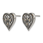 Stainless Steel Polished & Antiqued Heart Textured Button Earrings for Women
