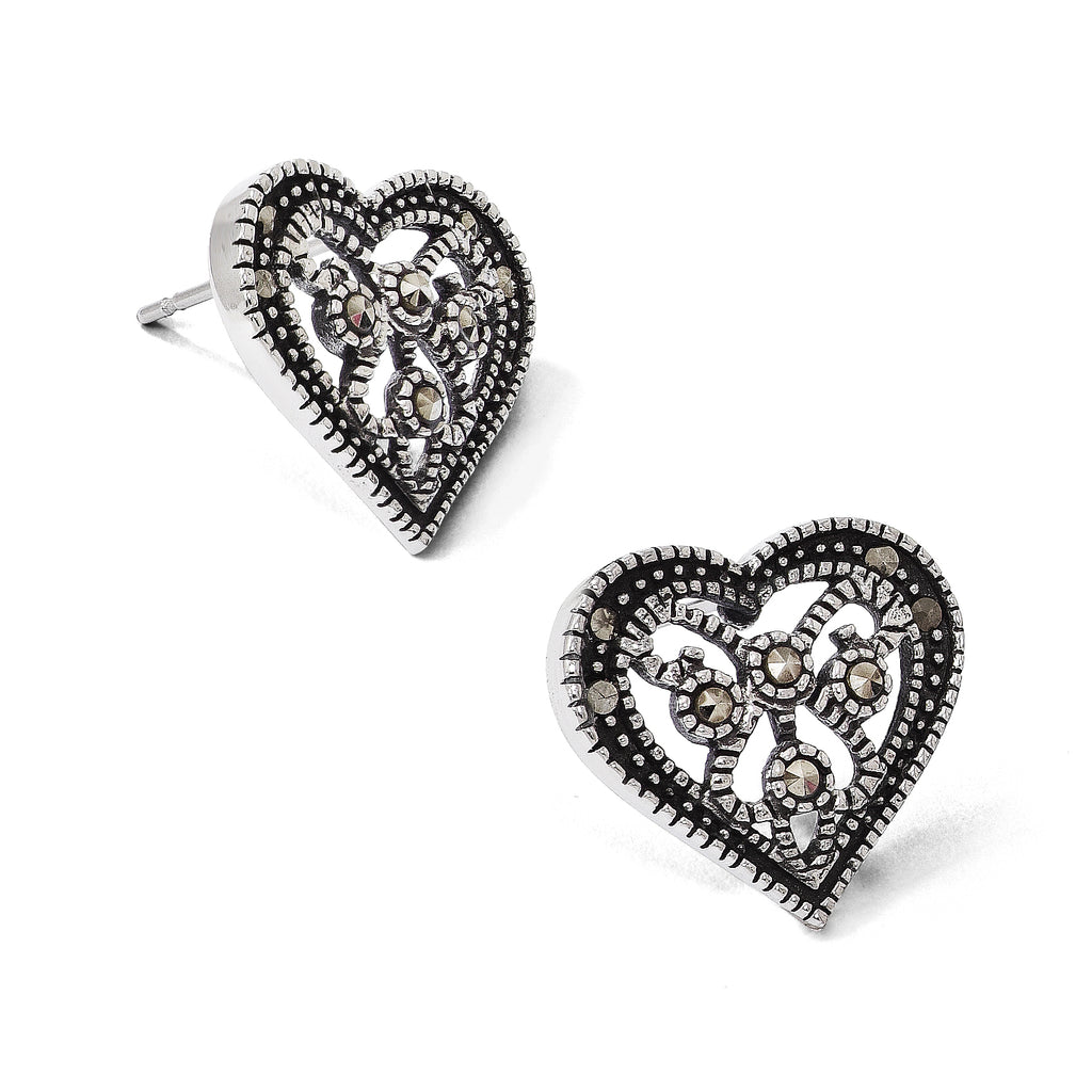 Stainless Steel Polished & Antiqued Heart Textured Button Earrings for Women