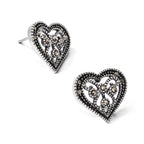 Stainless Steel Polished & Antiqued Heart Textured Button Earrings for Women