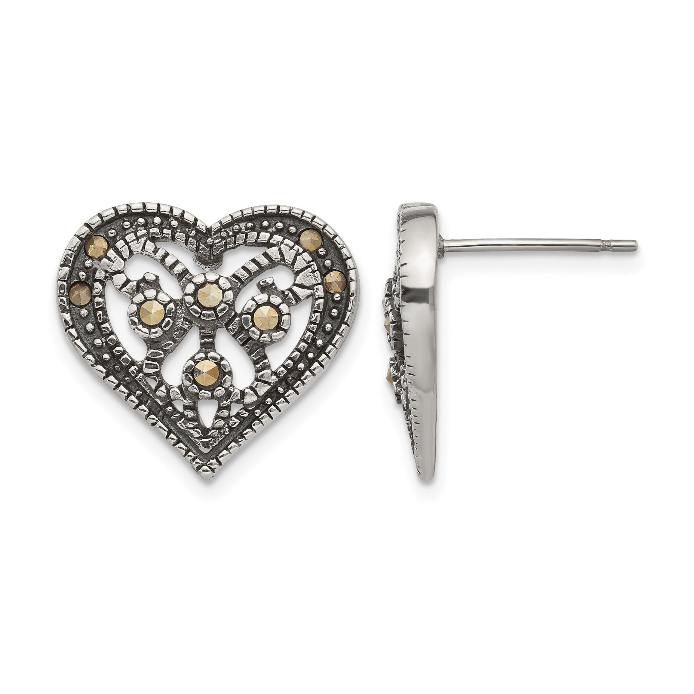 Stainless Steel Polished & Antiqued Heart Textured Button Earrings for Women Main image