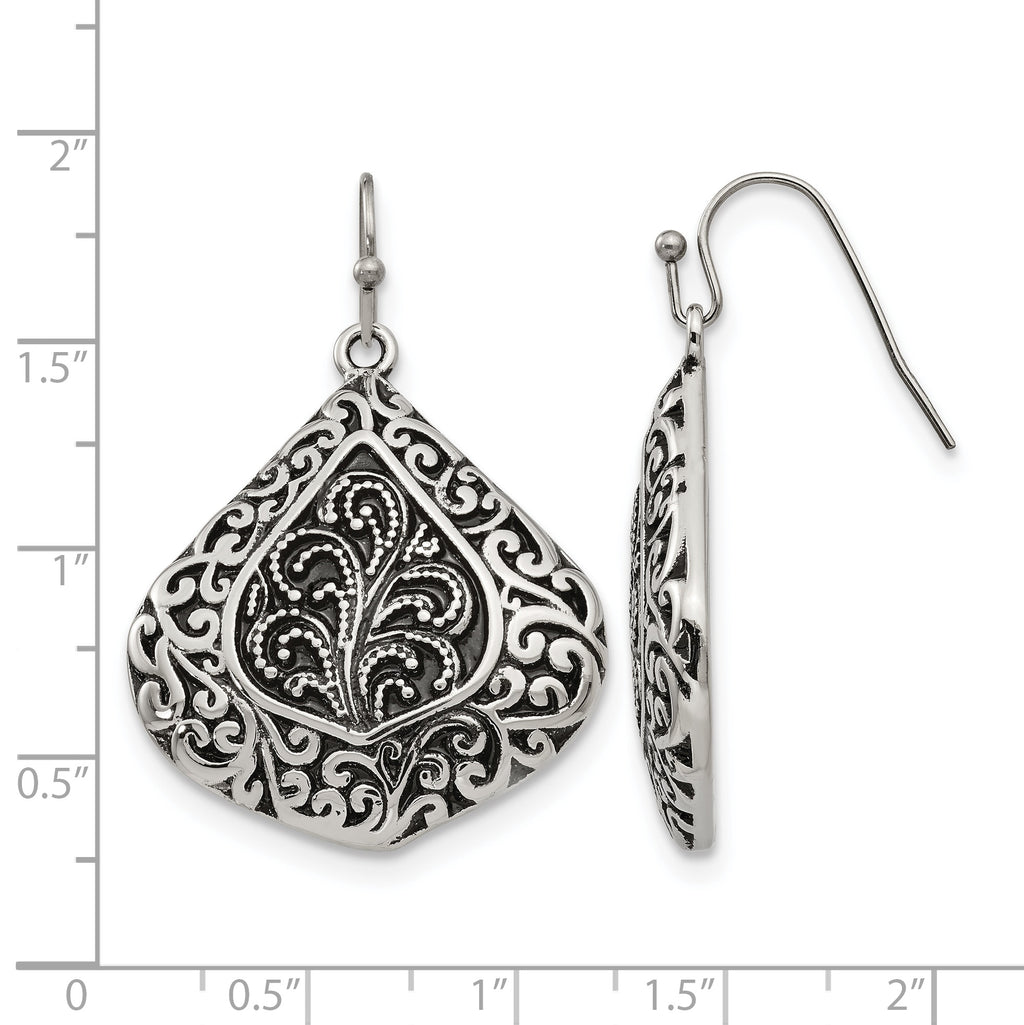 Stainless Steel Polished & Antiqued Textured Drop Dangle Earrings for Women