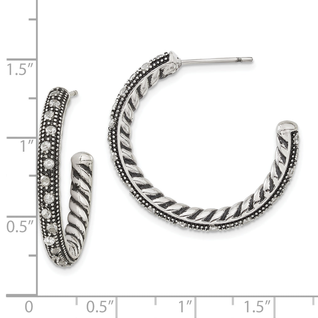 Stainless Steel Polished & Antiqued Cubic Zirconia C-Hoop Earrings for Women