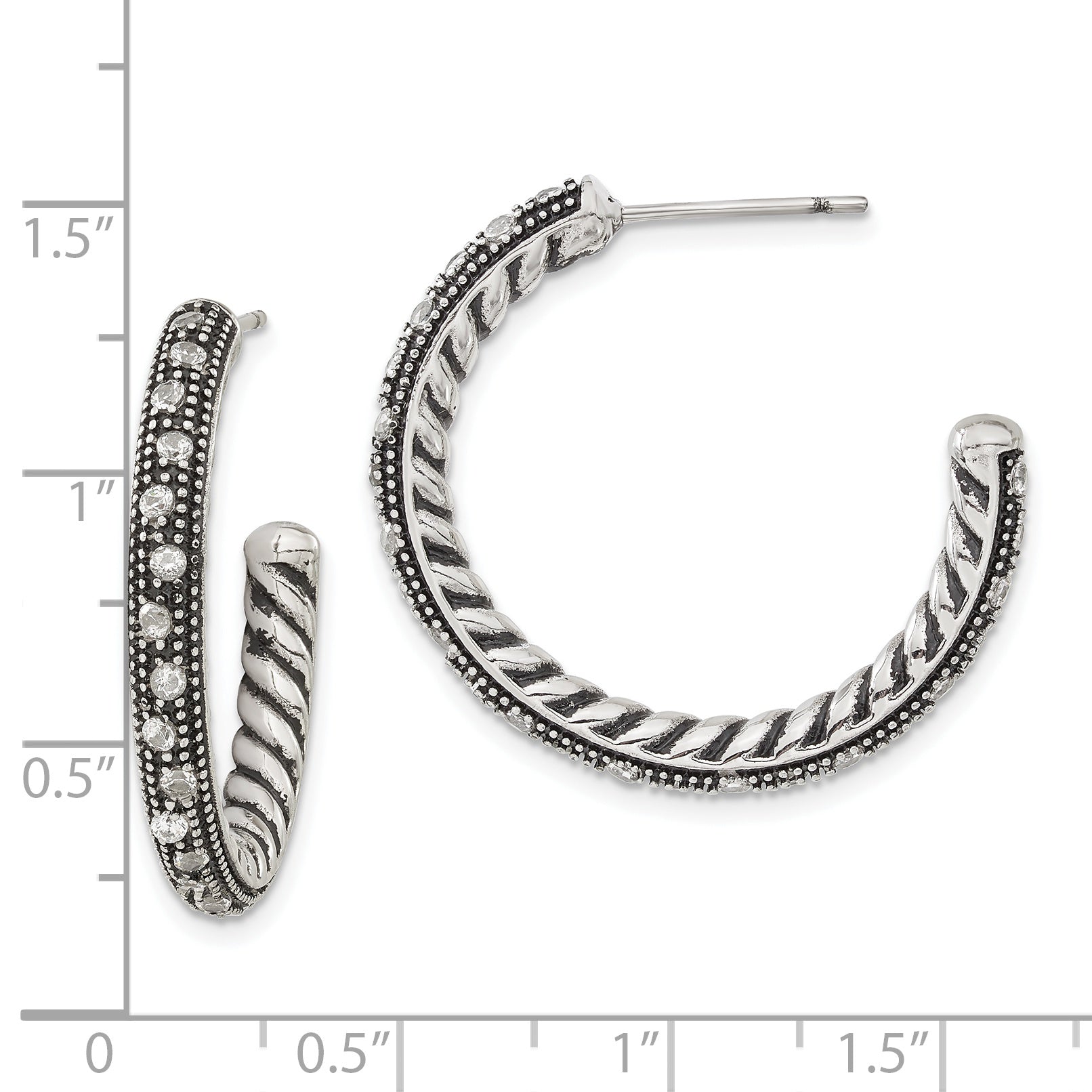 Stainless Steel Polished & Antiqued Cubic Zirconia C-Hoop Earrings for Women