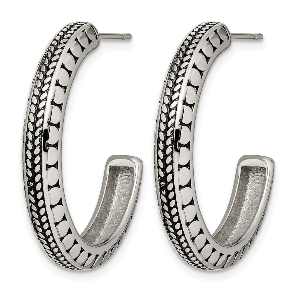 Stainless Steel Polished & Antiqued C-Hoop Earrings for Women