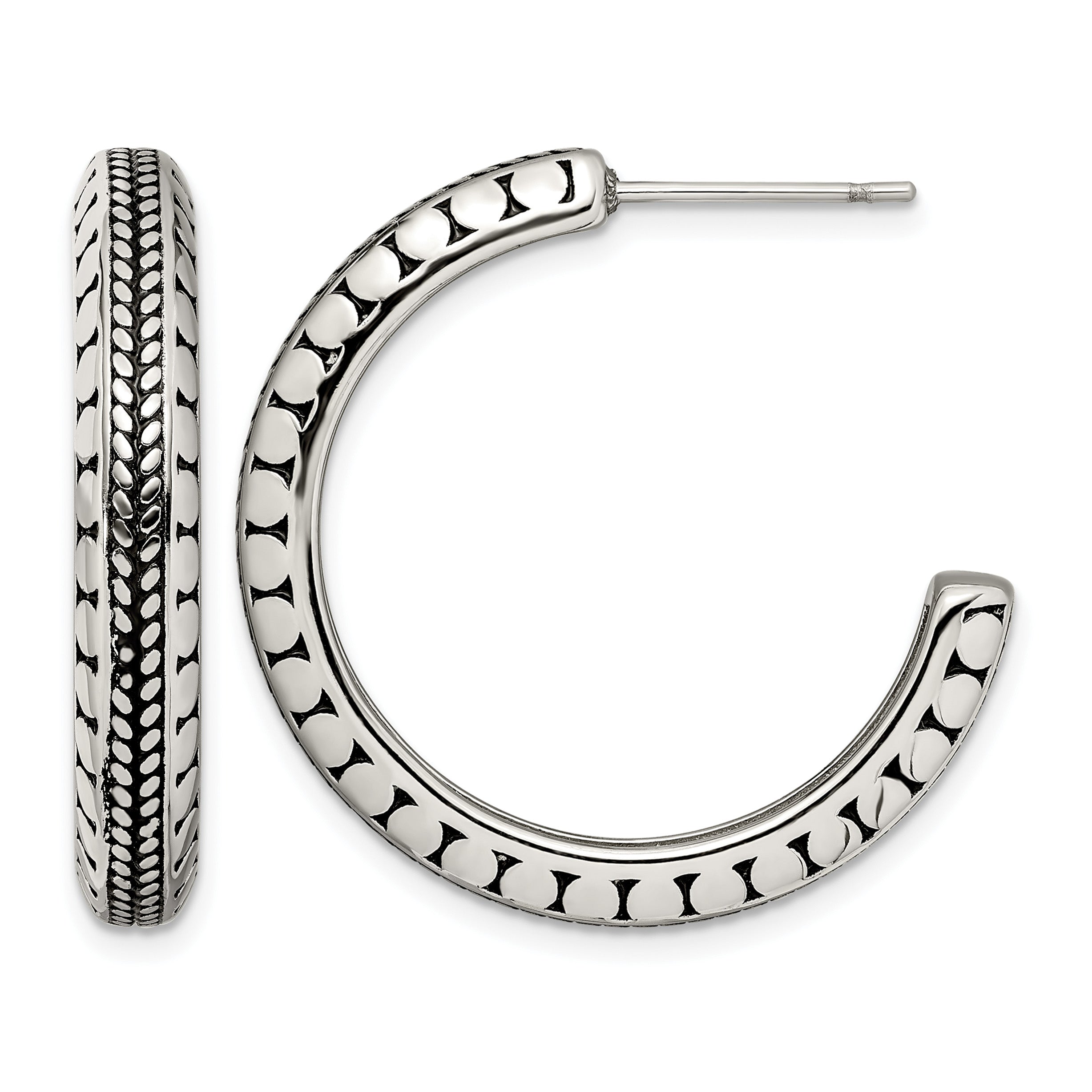 Stainless Steel Polished & Antiqued C-Hoop Earrings for Women