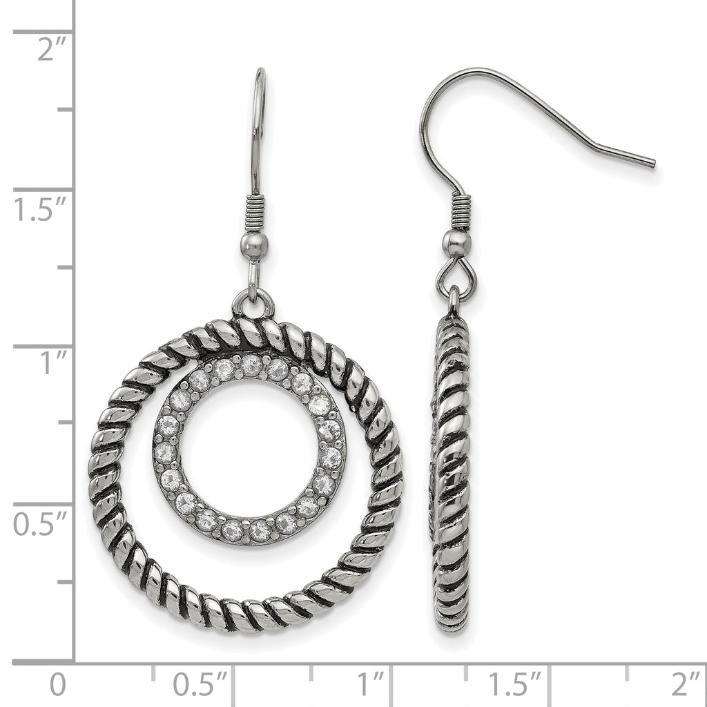 Stainless Steel Polished & Antiqued Cubic Zirconia Drop Dangle Earrings for Women